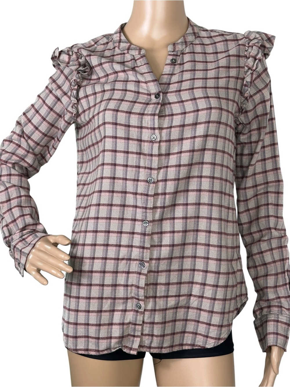PAIGE Plaid Button-Front Shirt in Beige and Burgundy Ruffle Sleeve Small